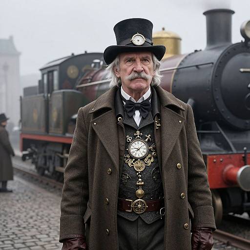 Photograph of an elderly white man with a white beard, wearing a black top hat, dark brown overcoat, and ornate black vest, standing
