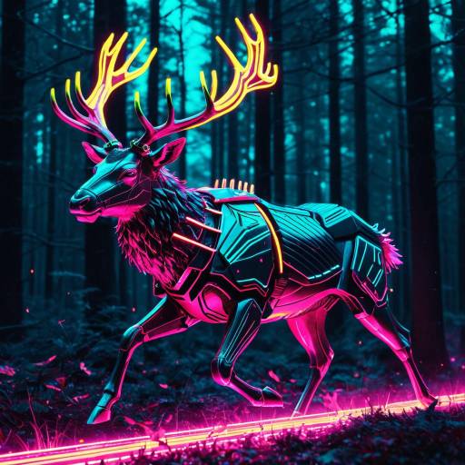 Neon Synthwave Cyber Stag in Forest Neon Synthwave Cyber Stag in Forest