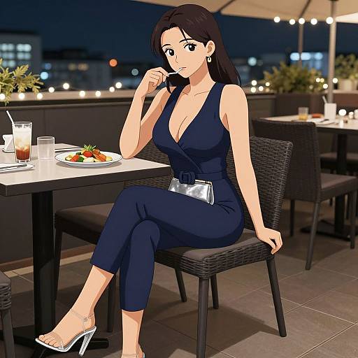 Anime-style digital drawing of a black-haired woman in a navy blue, deep V-neck jumpsuit, sitting at a rooftop restaurant, dining with a plate