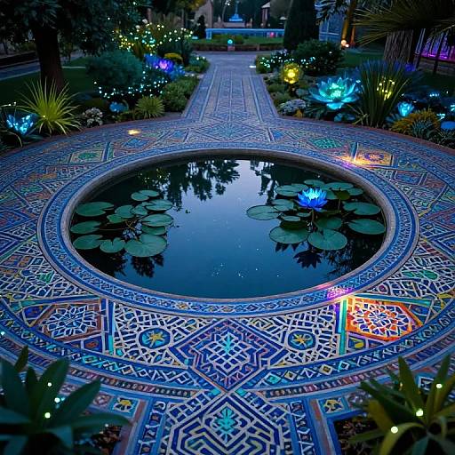 Photograph of a vibrant, illuminated garden pathway leading to a circular, patterned water feature with lily pads and colorful glowing lights.