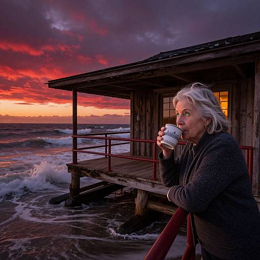 Elderly woman with white hair sips coffee from a cup on a stormy, wooden pier at sunset, waves crashing nearby.