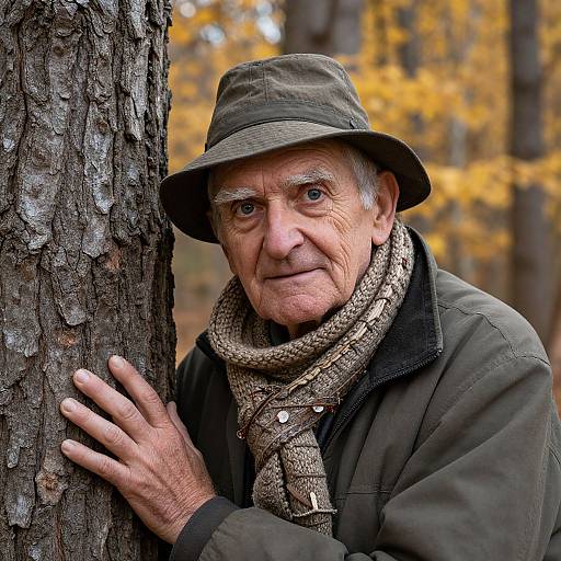 Photograph of an elderly man with weathered skin, gray hair, and blue eyes, wearing a green bucket hat and patterned scarf, leaning against