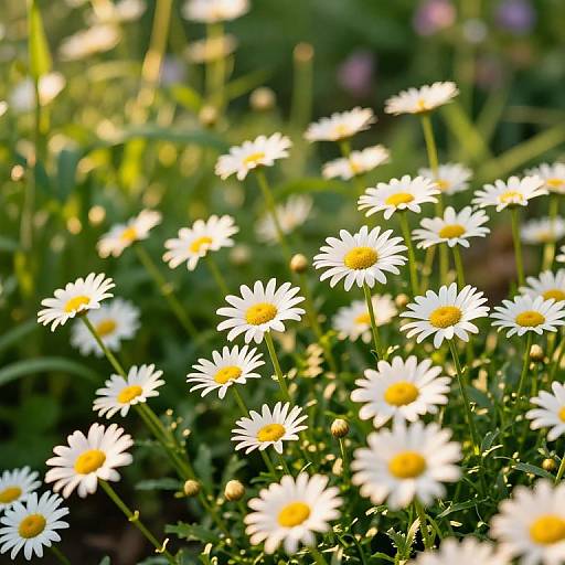 Photograph of a vibrant garden with numerous white daisies and yellow centers, bathed in sunlight, surrounded by green foliage.