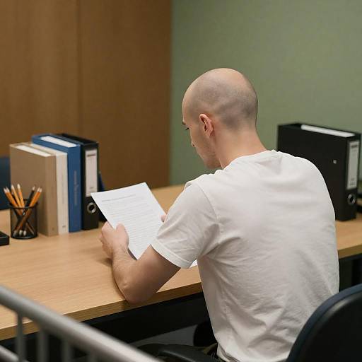 Bald Man Working at Wooden Desk