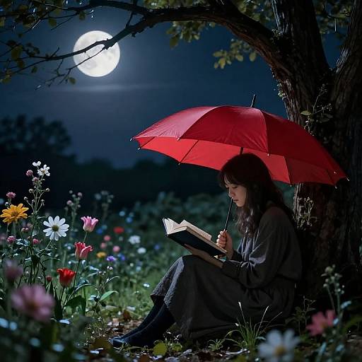 Photograph of a woman with long black hair, wearing a dark dress, sitting under a red umbrella, reading a book at night under a full moon