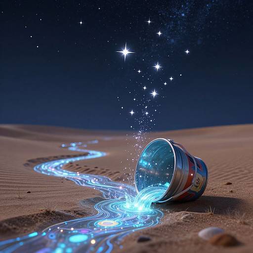 Photograph of a tilted paint can on a desert sand dune, emitting glowing blue trails and sparkling stars against a dark night sky.