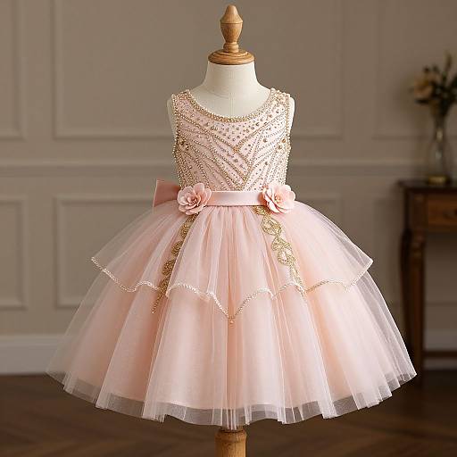 Photograph of a pink, sleeveless, beaded ballet dress with a floral belt and tulle skirt, displayed on a wooden dress form in a