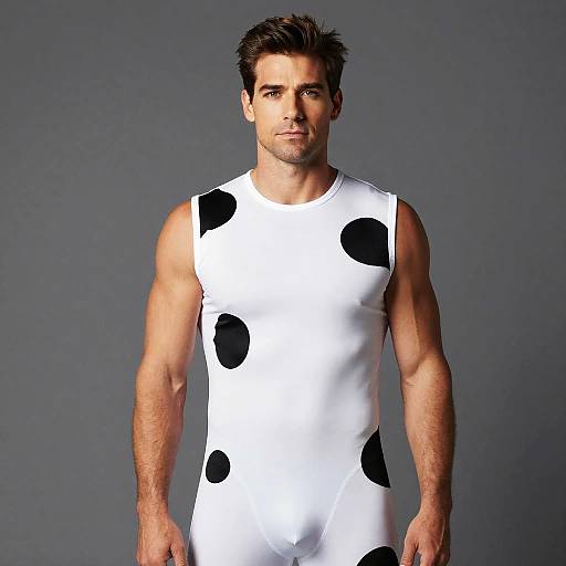 Photograph of a muscular, fair-skinned man with dark hair, wearing a white sleeveless shirt with large black cow spots, standing against a gray