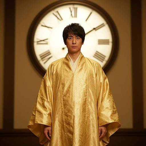Photograph of an Asian man with short black hair, wearing a shiny gold kimono, standing in front of a large, illuminated clock with Roman numer