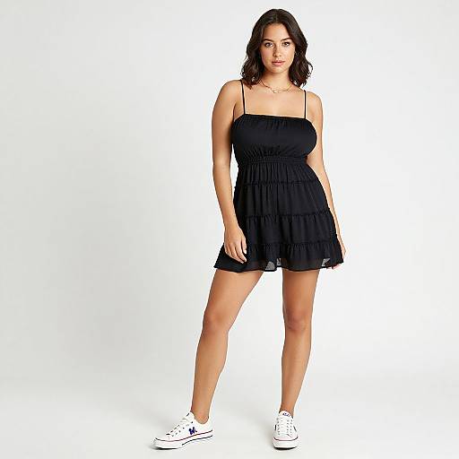 Photograph of a dark-haired woman with fair skin, wearing a black, strapless, ruffled mini dress and white sneakers, standing against a plain
