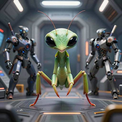 CGI image of a green, insectoid robot with large black eyes, standing in a futuristic, metallic corridor flanked by two robotic soldiers.