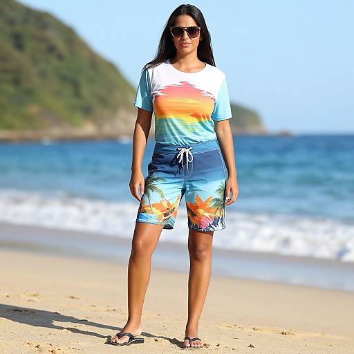 Photograph of a tan-skinned woman with long black hair, wearing sunglasses, white-blue gradient t-shirt, floral shorts, standing on a sunny beach