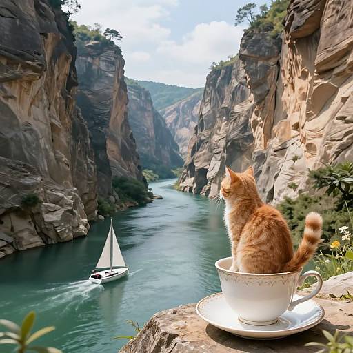 Photograph of an orange tabby cat in a white teacup on a rocky cliff, gazing at a white sailboat on a turquoise river