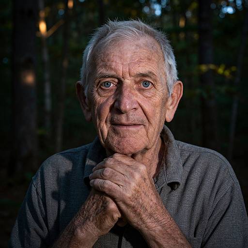 Elderly Man with Weathered Features in Forest