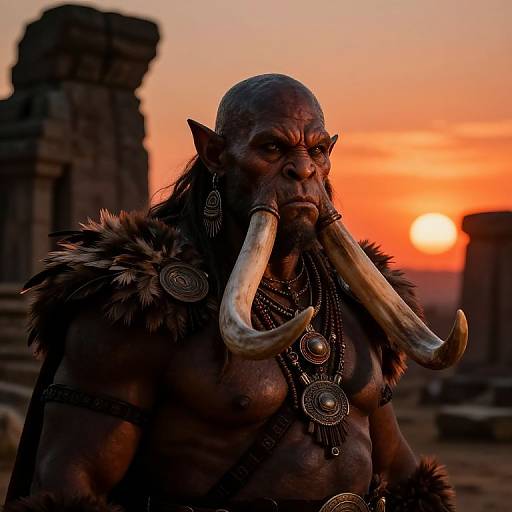 Photograph-like CGI of a muscular, dark-skinned, bald male troll with large tusks, wearing fur and ornate jewelry, standing against a