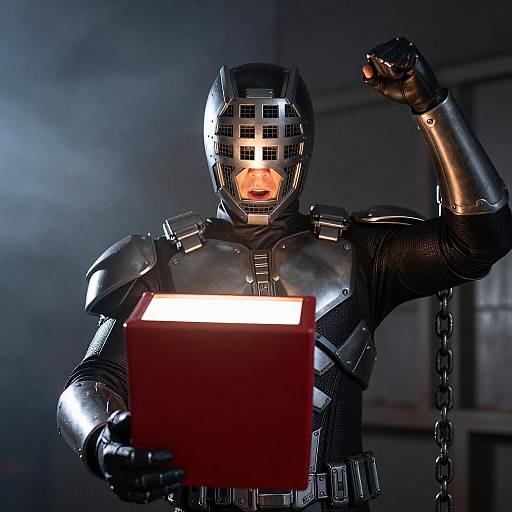 Intense Metallic Superhero with Red Box