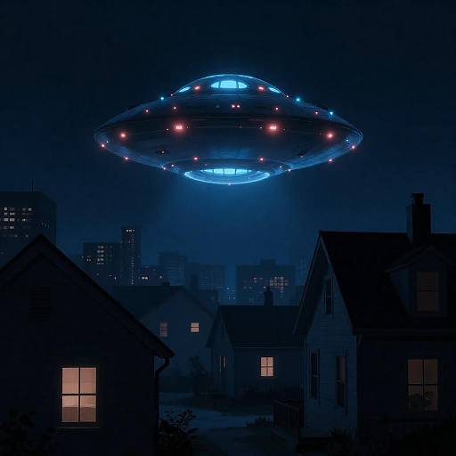 Glowing UFO Over Silhouetted Houses