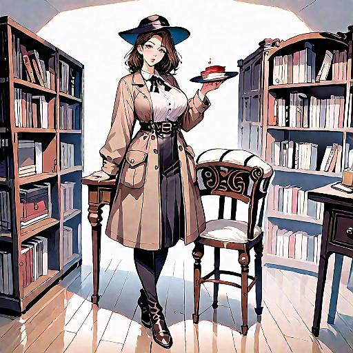 Stylish Detective Woman in Study with Cake