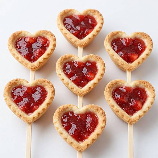 Photograph of six heart-shaped jam-filled cookies on wooden sticks, arranged in two rows of three, against a white background.