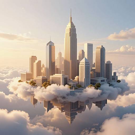 CGI image of a futuristic cityscape with skyscrapers floating on clouds at sunrise, reflecting in the cloudy base, bathed in warm golden light