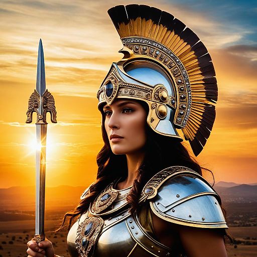 Female Warrior in Ancient Helm and Armor