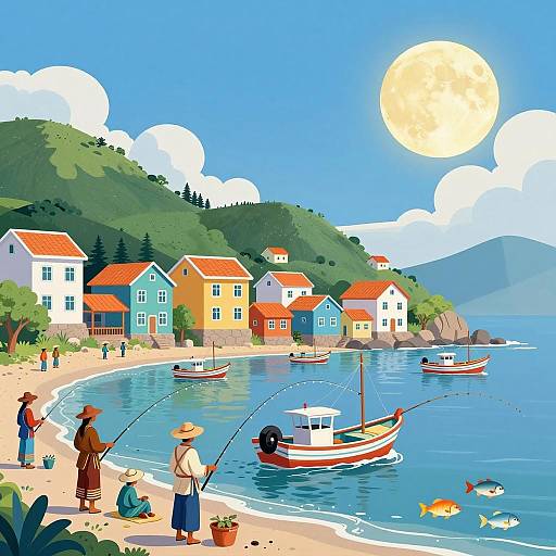 Surreal Coastal Fishing Village Scene