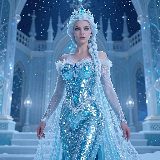 Photorealistic CGI of a fair-skinned, blue-eyed woman with long white braid, wearing a shimmering blue ice queen gown and crown,
