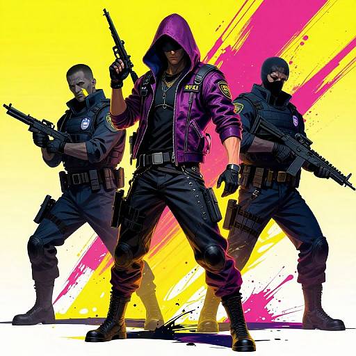 Digital artwork of three armed, masked police officers in tactical gear, with one in a purple hoodie, standing confidently against a vibrant yellow and pink splatter