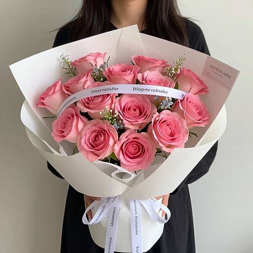 Photograph of a woman in a black dress holding a bouquet of pink roses wrapped in white paper with 