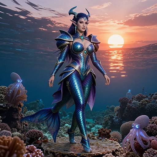 Digital artwork of a mermaid warrior with blue, shiny armor, horned helmet, and flowing tail, standing underwater at sunset amidst coral and jellyfish