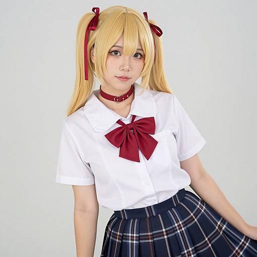 Photograph of a blonde woman in anime cosplay with twin ponytails, red ribbons, white shirt, red bow, plaid skirt, white background