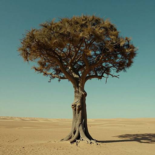 Photograph of a solitary, gnarled acacia tree with spiky foliage standing in a vast, sunlit desert under a clear, blue sky