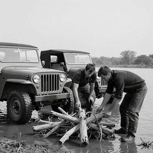 Vintage Jeeps and Men Inspecting Driftwood