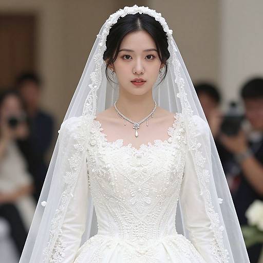 Photograph of an East Asian bride in a white lace wedding dress and veil, with a delicate necklace, standing in a softly lit indoor setting, surrounded