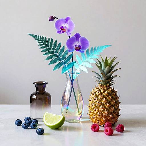 Futuristic Holographic Still Life with Orchids and Fruit