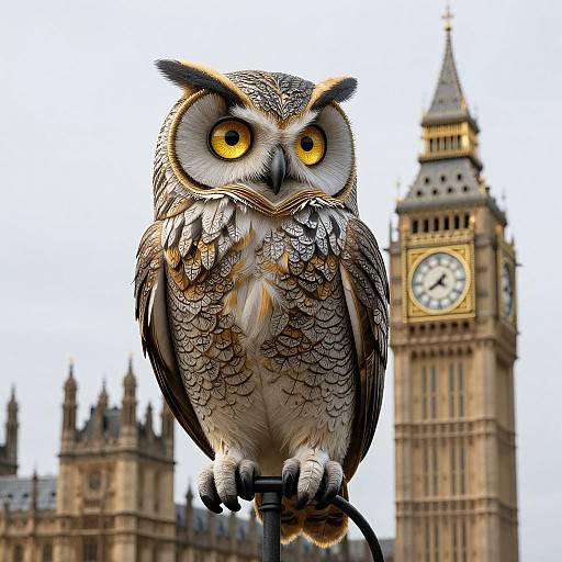 Photograph of a detailed, realistic owl with vibrant yellow eyes perched on a pole, in front of the iconic Big Ben clock tower.