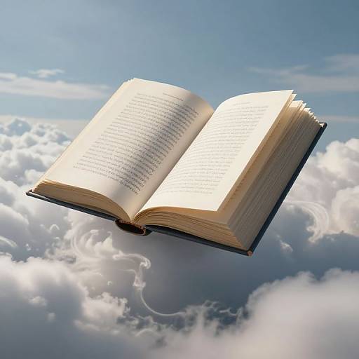 Photograph of an open book floating above fluffy clouds in a bright blue sky, with sunlight illuminating its pages.