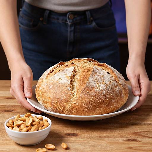 Woman Presenting Fresh Bread and Peanuts