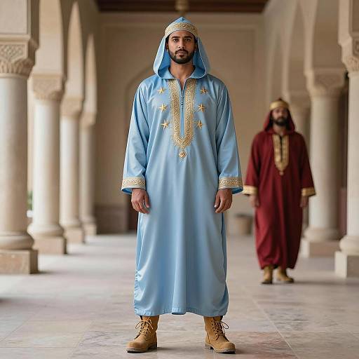 Man in Traditional Blue Arabic Robe with Gold Stars