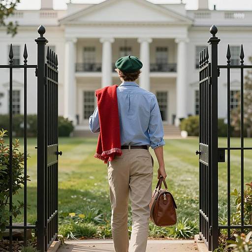 Man Standing at Open Gate Facing Colonial Mansion