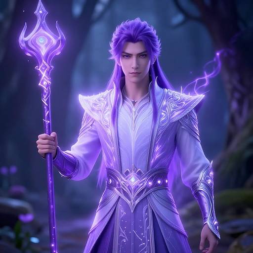 Digital fantasy artwork of a handsome, purple-haired male mage with glowing armor, holding a luminescent staff, in a mystical forest.
