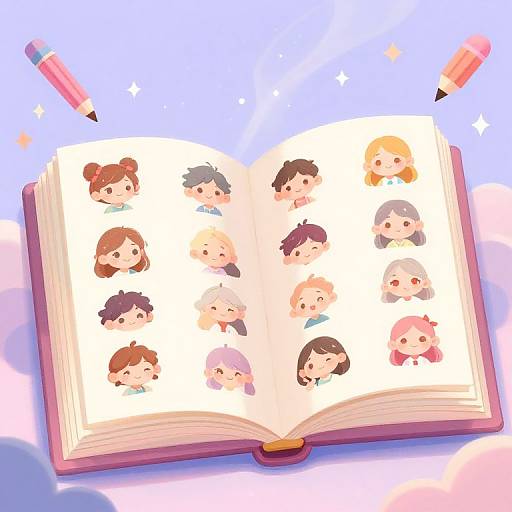 Digital illustration of an open book with chibi-style children's faces on each page, surrounded by two pink pencils against a sparkling, pastel blue background