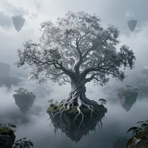 Digital artwork of a towering, ethereal tree with sprawling roots, floating on a misty, fog-covered island, surrounded by floating rock formations.