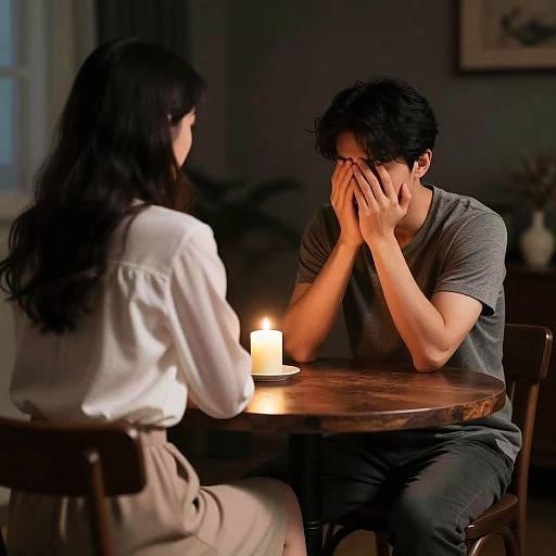 Photograph of a distraught man covering his face, seated at a dimly lit wooden table with a candle, facing a concerned woman in a white
