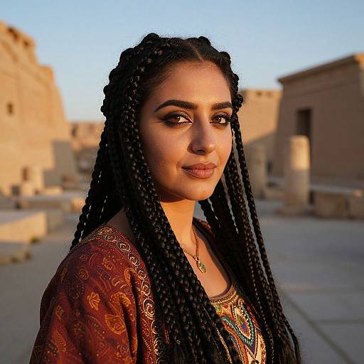 Photograph of a young woman with long braided hair, dark skin, wearing a colorful, patterned dress, and necklace, against a sunlit