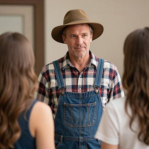 Man in Plaid and Overalls with Two Women
