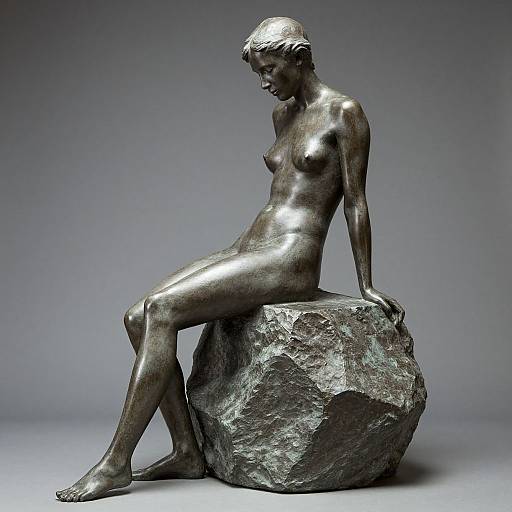 Photograph of a bronze sculpture depicting a nude, slender woman with short hair, seated on a rough-textured rock, gazing downward.
