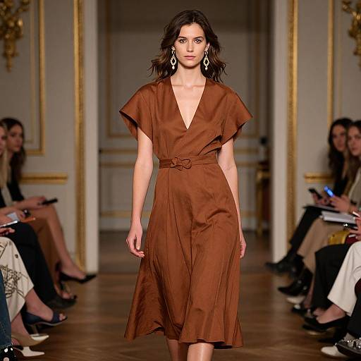 Photograph of a dark-haired woman in a deep V-neck, rust-brown dress with short sleeves, large white earrings, walking down a fashion runway