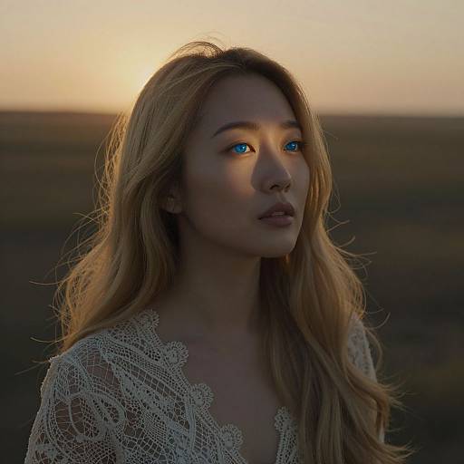 Photograph of a blonde woman with blue eyes, wearing a lace top, gazing into the sunset with a serene expression.