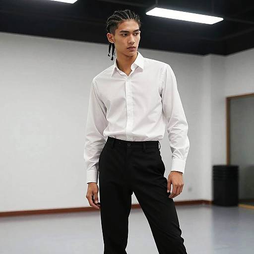 Photograph of a young man with braided hair, wearing a white button-up shirt and black pants, standing confidently in a modern, white-walled